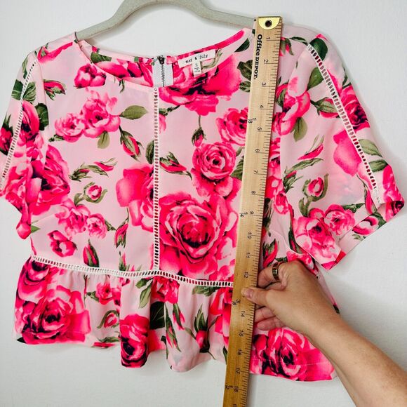 May & July Hot Pink and Green Floral Rose Short Sleeve Peplum Crop Blouse S - Picture 10 of 11